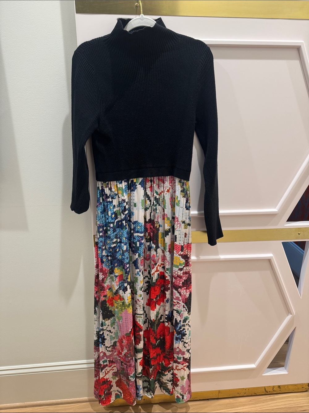 Anthropologie Black Knit Top with Multicolor Floral Pleated Skirt Maxi Dress